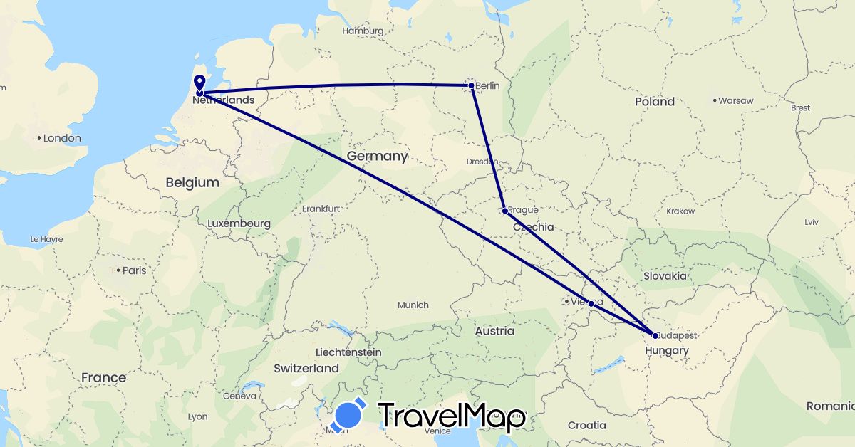 TravelMap itinerary: driving in Czech Republic, Germany, Hungary, Netherlands, Slovakia (Europe)