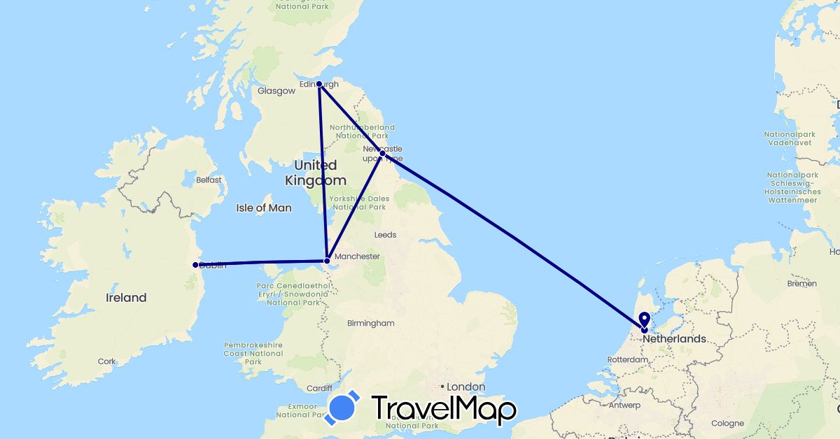 TravelMap itinerary: driving in United Kingdom, Ireland, Netherlands (Europe)